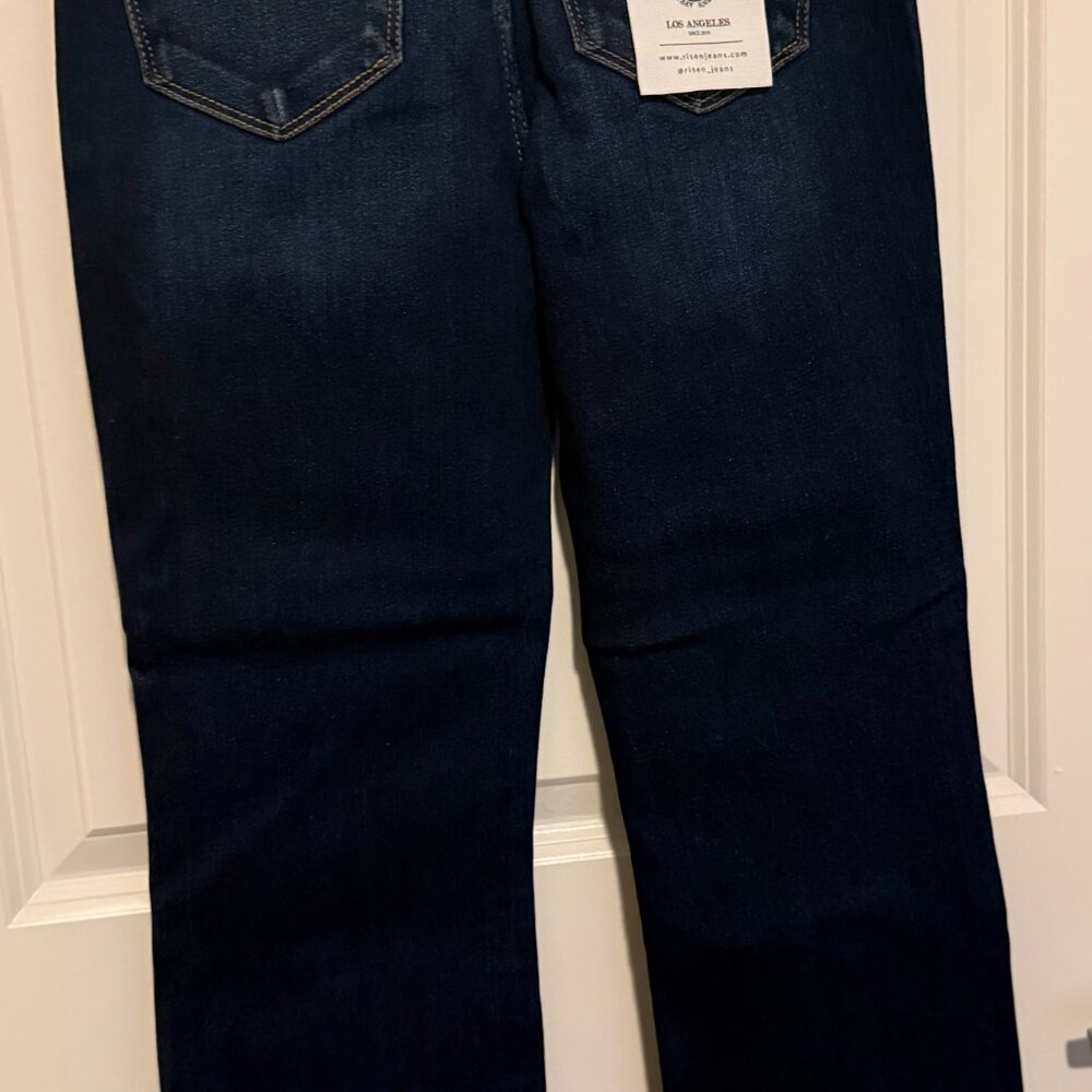 Risen Denim Cropped Straight Leg Distressed Hem Jeans